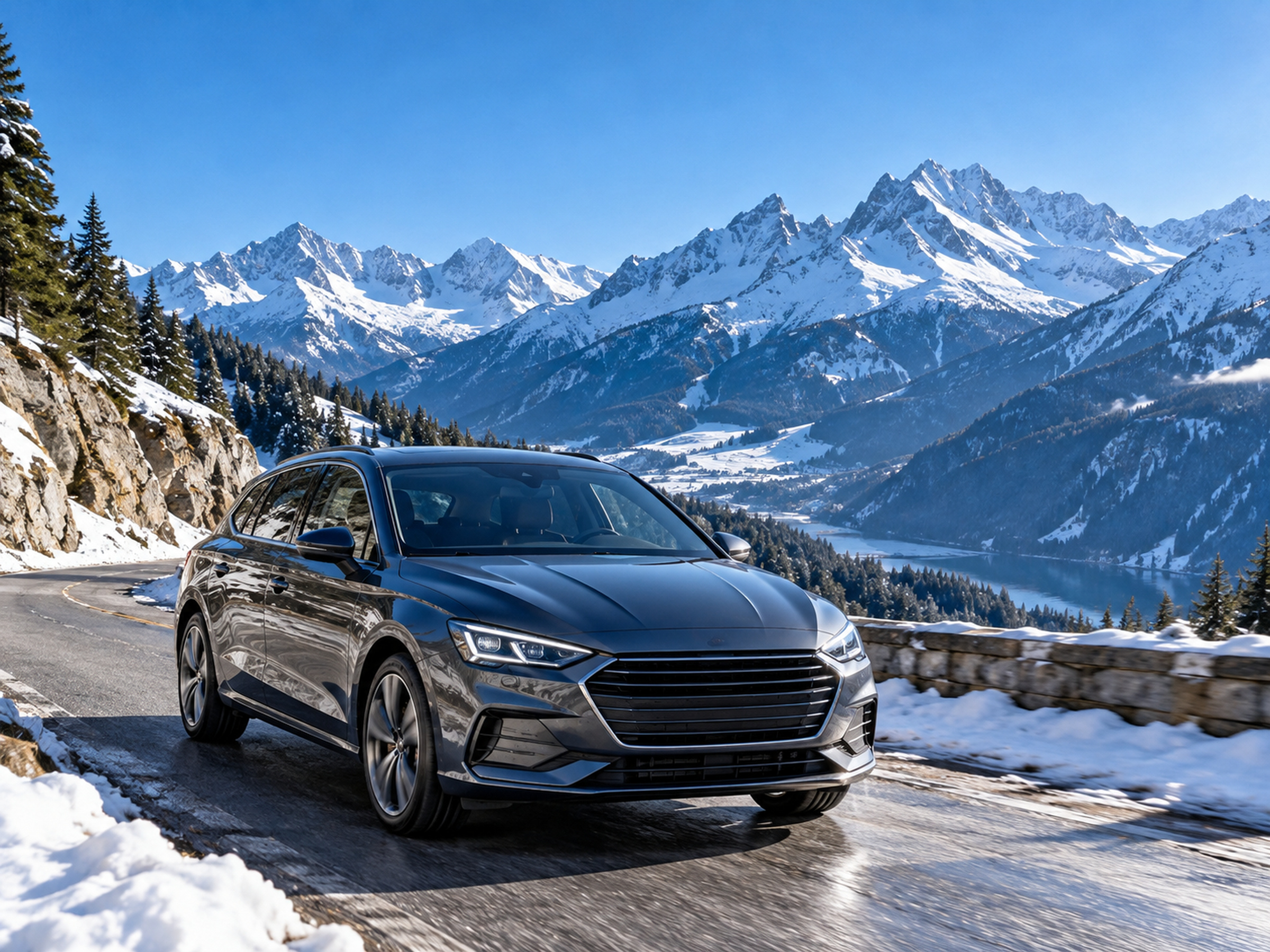 voiture propre sur une route de montagne, Alpes enneigées, lumière bleutée